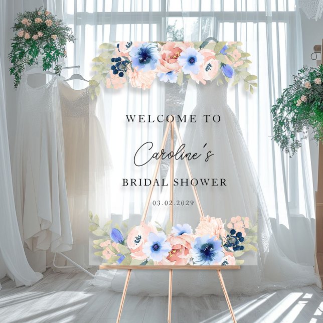 Akryling Acrylschild (Peach-Blue Floral, Bridal shower acrylic sign with your name and date-)