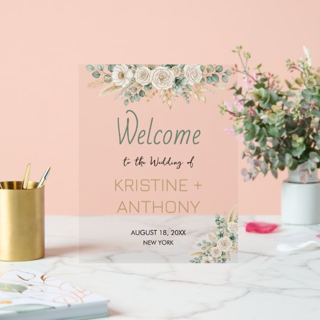 Akryllische Elegant Blush Floral Wedding Willkomme Acrylschild (Hochzeit)
