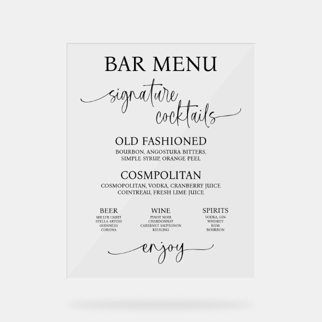 Akryllisches Menü "Bar Menu" Acrylschild (Vorderseite)