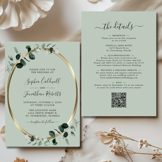 Aktualisierte Eukalyptus Gold-Sage Einladung (Updated Eucalyptus Gold Sage Double Sided All in One Wedding Invitation)