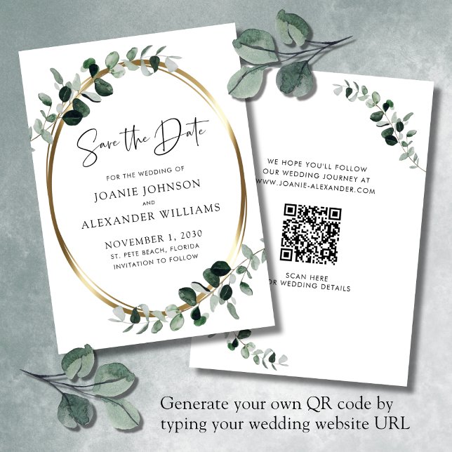 Aktualisierter QR Code Eukalyptus Greenery Gold Save The Date (Updated QR Code Wedding Save the Date Eucalyptus Gold Metallic White)