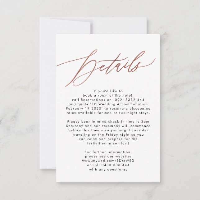 Aktuelle Rose Gold Calligraphy Wedding Details Car RSVP Karte (Vorderseite)