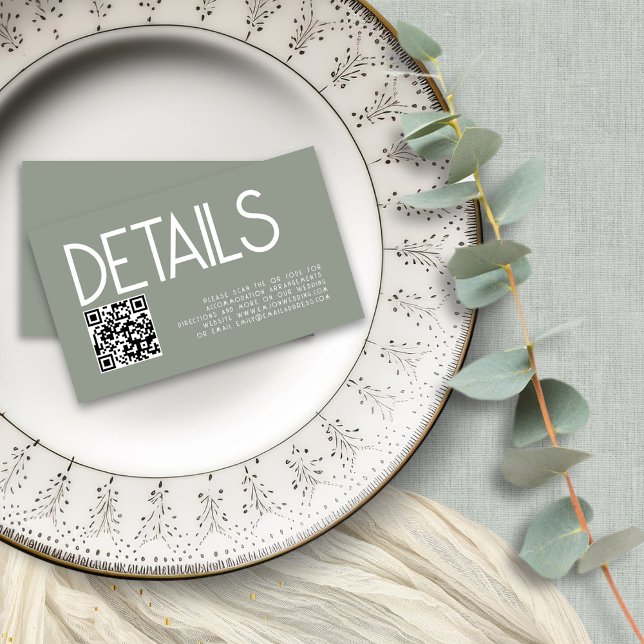 Aktuelle Text QR Code Sage Green Wedding Details Begleitkarte (Front and back view mini 3.5 x 2" enclosure)