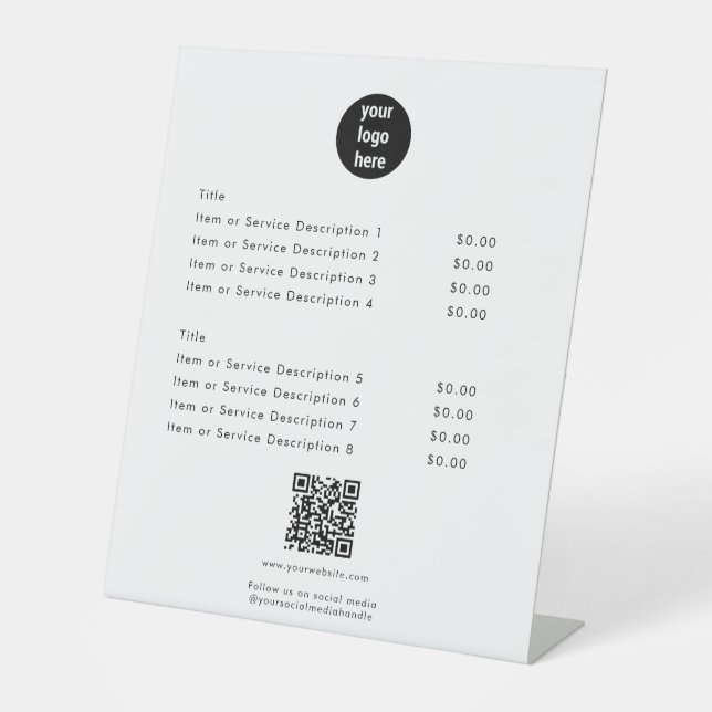 Aktuelle White Price List QR Code Social Media Sockelschild (Vorderseite)