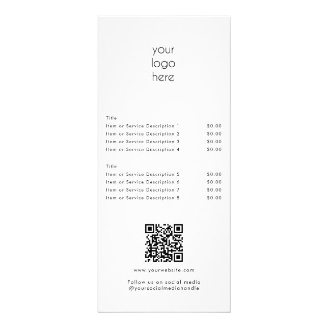 Aktuelle White Price List QR Code Social Media Werbekarte (Vorne)