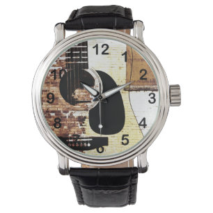 Akustikgitarre auf Ziegelsteinhintergrund Armbanduhr