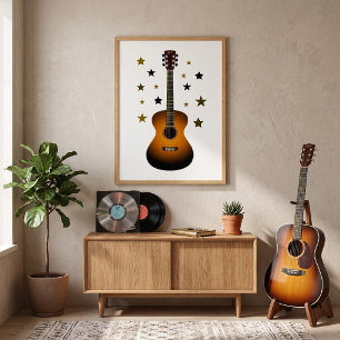 Akustikgitarre Sunburst Gold Schwarze Sterne Musik Poster