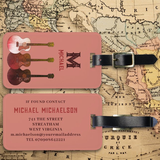 Akustikgitarrist Musiker Personalisiert Gepäckanhänger (Acoustic guitar monogram country rustic custom travel luggage tag with contact details )
