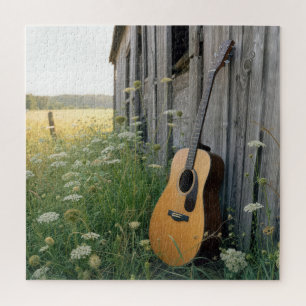 Akustische Gitarre an einer ländlichen Scheune leh Puzzle