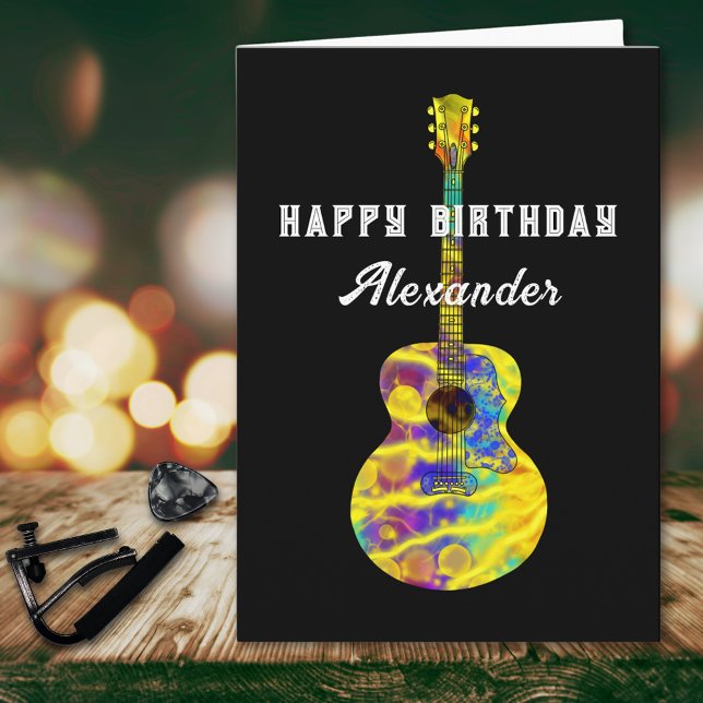 Akustische Gitarre Funky Psychedelic Art hinzufüge Karte (Funky psychedelic acoustic guitar art personalized happy birthday greetings card guitarist musician)