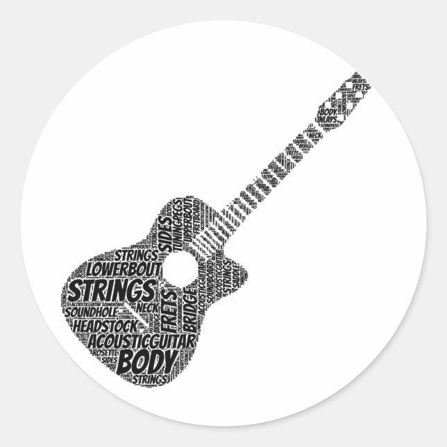 Akustische Gitarre gestalten Word Art Black Text Runder Aufkleber (Vorderseite)