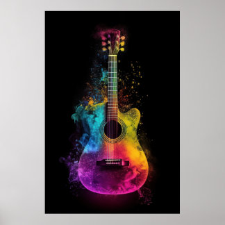 Akustische Gitarre mit explodierenden Farben Poster