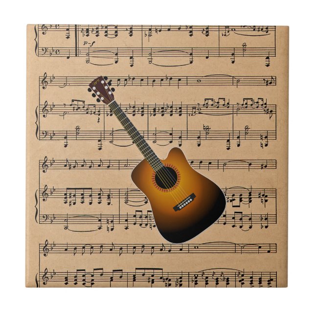 Akustische Gitarre mit Notenhintergrund Fliese (Vorderseite)