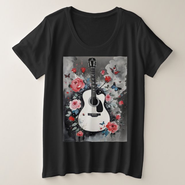 Akustische Gitarre mit Rose und Schmetterlingen Große Größe T-Shirt (Design vorne)