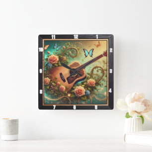 Akustische Gitarre umgeben von Blumen und Schmette Quadratische Wanduhr
