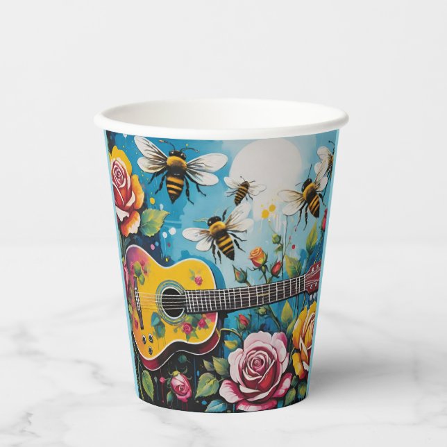 Akustische Gitarren-Rose und Bienen-Frühlingspark Pappbecher (Vorderseite)