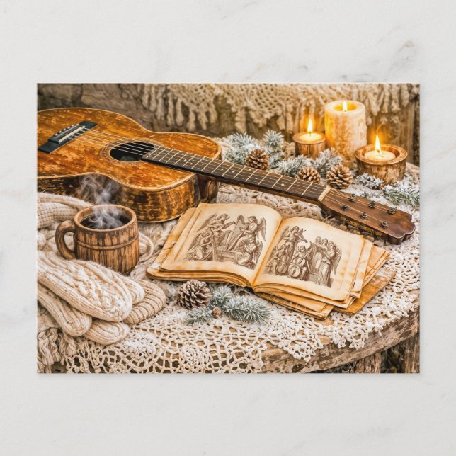 Akustische Vintage-Gitarre mit Kerzen und gemütlic Postkarte (Vorderseite)