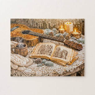 Akustische Vintage-Gitarre mit Kerzen und gemütlic Puzzle