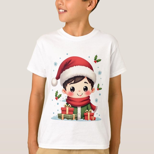Akuter Junge Weihnachten mit Geschenken und Weihna T-Shirt (Vorderseite)