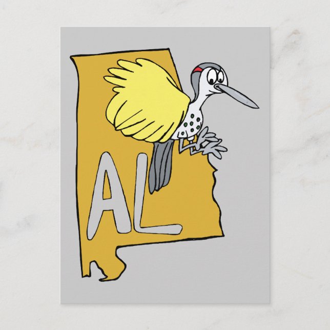 Alabama AL Map & Yellowhammer Woodpecker Cartoon Postkarte (Vorderseite)