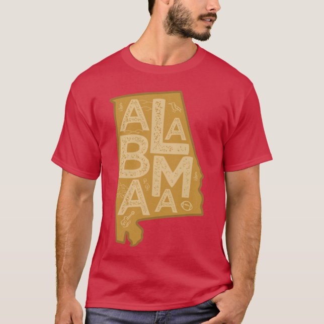 Alabama Map Typografie Brown T-Shirt (Vorderseite)