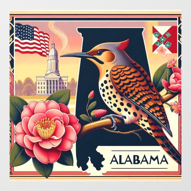 Alabama Northern Flicker Bird & Camellia Blume Fensteraufkleber (Blatt)