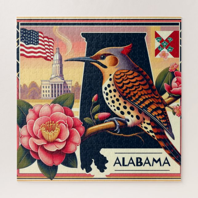 Alabama Northern Flicker Bird & Camellia Blume Puzzle (Vertikal)
