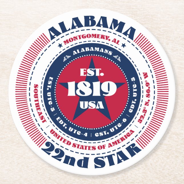Alabama Red White Blue Typografie Runder Pappuntersetzer (Vorderseite)