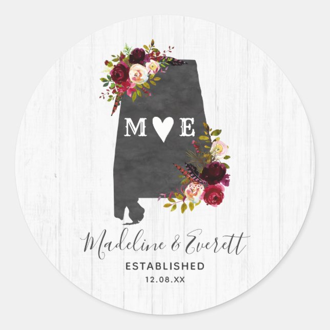 Alabama Staat Destination Rustic Monogram Wedding Runder Aufkleber (Vorderseite)
