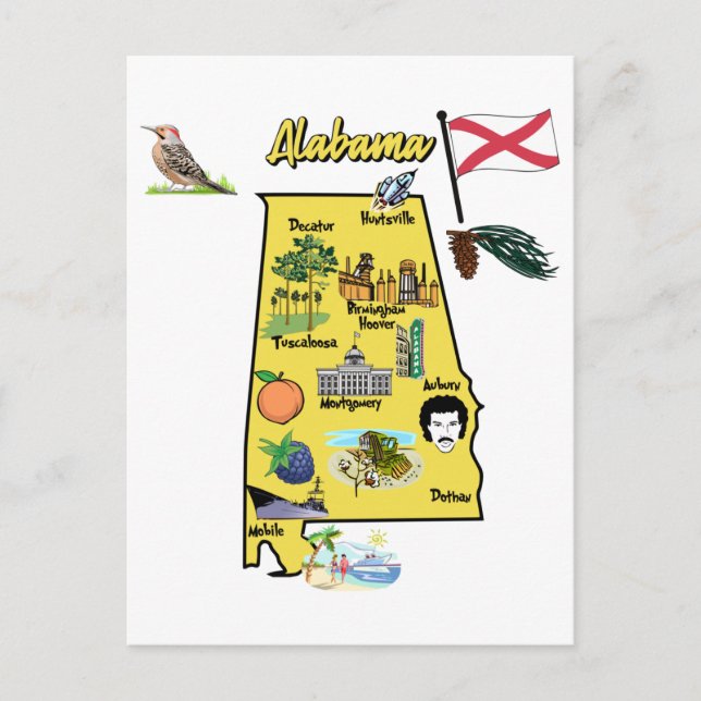 Alabama Touristenkarte mit Sehenswürdigkeiten Postkarte (Vorderseite)