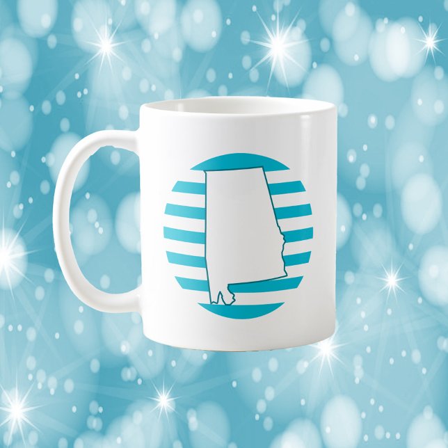 Alabama US Staat Kontur Retro Circle Blue Kaffeetasse (A mug with the outline of the US State of Alabama in front of a blue circle.)