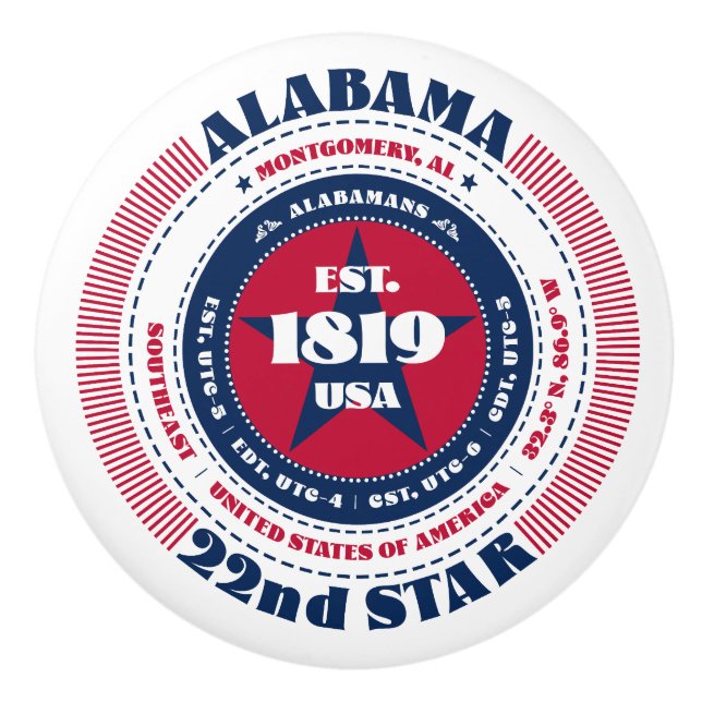 Alabama US Staat Red White Blue Typografy Keramikknauf (Vorderseite)