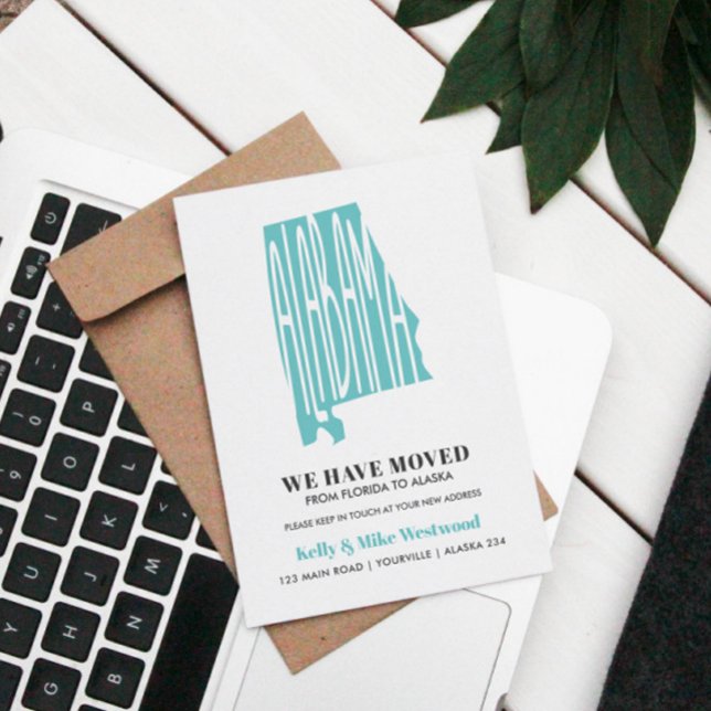 ALABAMA Wir haben neue Adresse Neue Zuhause Postca Postkarte (ANNOUNCE YOUR MOVING WITH THIS ELEGANT POSTCARD WITH ALABAMA STATE IN BLUE EDITABLE COLOR)