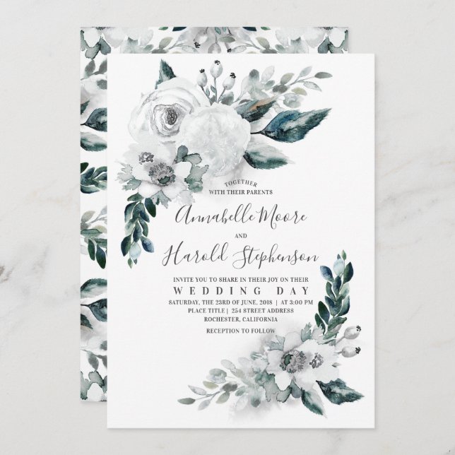 Alabaster Floral Greenery | Wasserfarbenhochzeit Einladung (Vorne/Hinten)