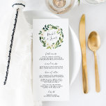 Alabaster Floral Wreath Wedding Menu Card Menükarte<br><div class="desc">Unser elegantes Hochzeitsmenü im Garten bietet Ihnen Vorspeisen, Vorspeisen und Desserts in elegantem Schriftzeichen, umgeben von einem grünen botanischen und weißen Blumenkranz. Koordiniert mit unserer Hochzeitskollektion Alabaster. Verwenden Sie die Vorlagenfelder, um Menüinformationen hinzuzufügen, und klicken Sie dann auf "Anpassen", um Elemente bei Bedarf neu zu positionieren. Brauchen Sie Hilfe? Kontaktieren...</div>