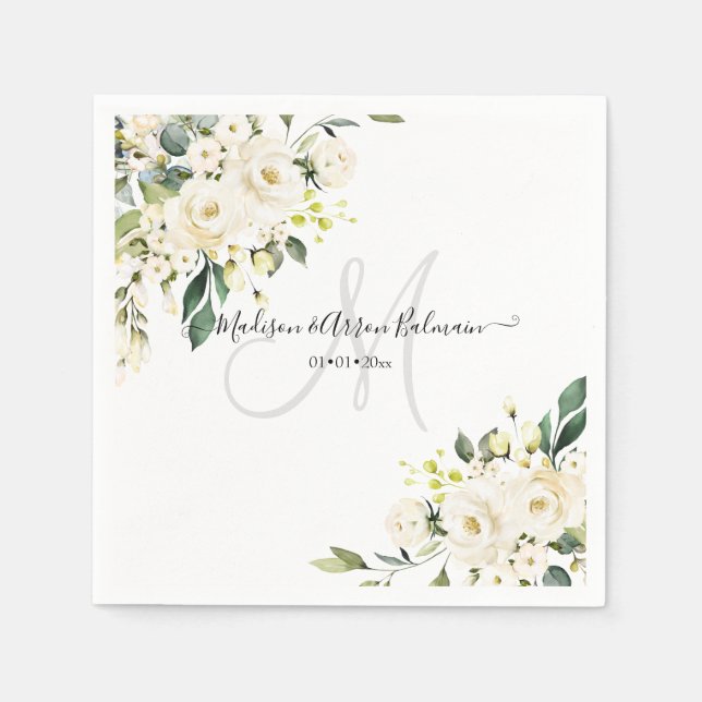 Alabaster-Rose Monogram, Floral Serviette (Vorderseite)