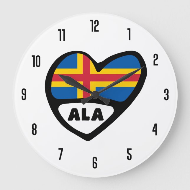 Åland Islands Country Code ALA Flag Herz Große Wanduhr (Vorderseite)