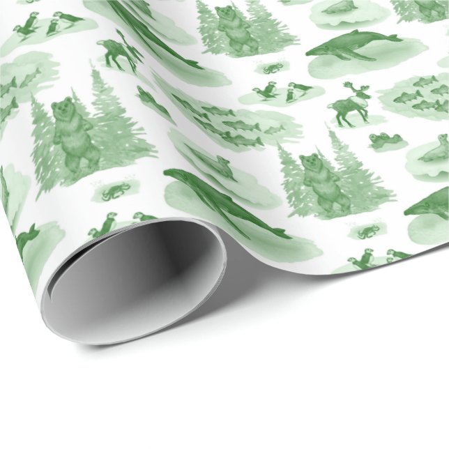 Alaska Animal Toile (Emerald Green) Geschenkpapier (Rolleneckpunkt)