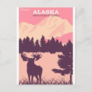 Alaska Natur Elch Pink Vintage Reiseposter Pos Postkarte