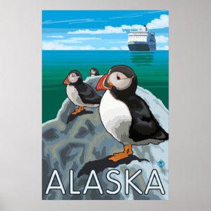 Alaska - Papageientaucher, die ein Kreuzschiff Poster