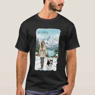 Alaska Reise Kunst Frau mit Husky in Schneebedeckt T-Shirt