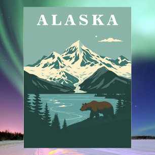 Alaska Retro Reise Grizzlybär Postkarte