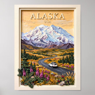 Alaska-Rundreise Vintage-Schneebedeckte Berglandsc Poster