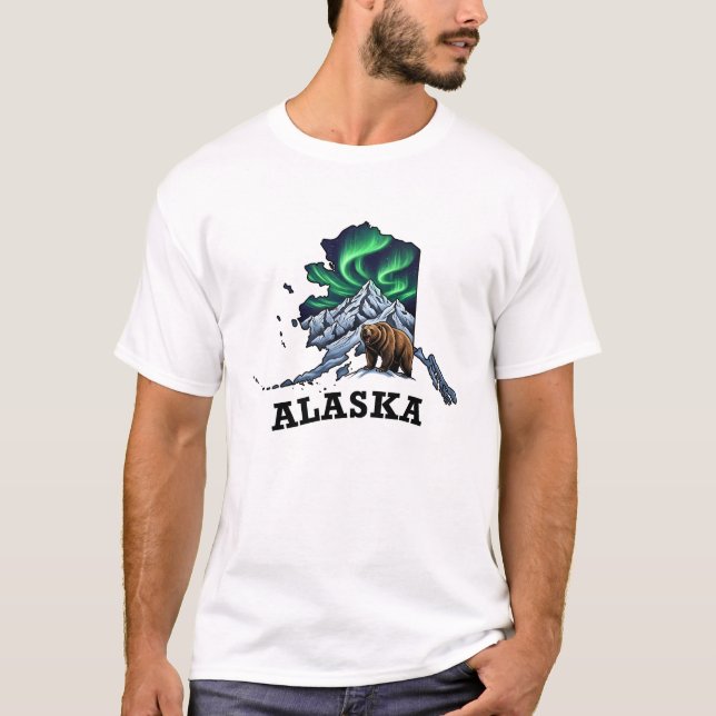 Alaska Staat Tattoo Style Northern Lights, Grizzy T-Shirt (Vorderseite)