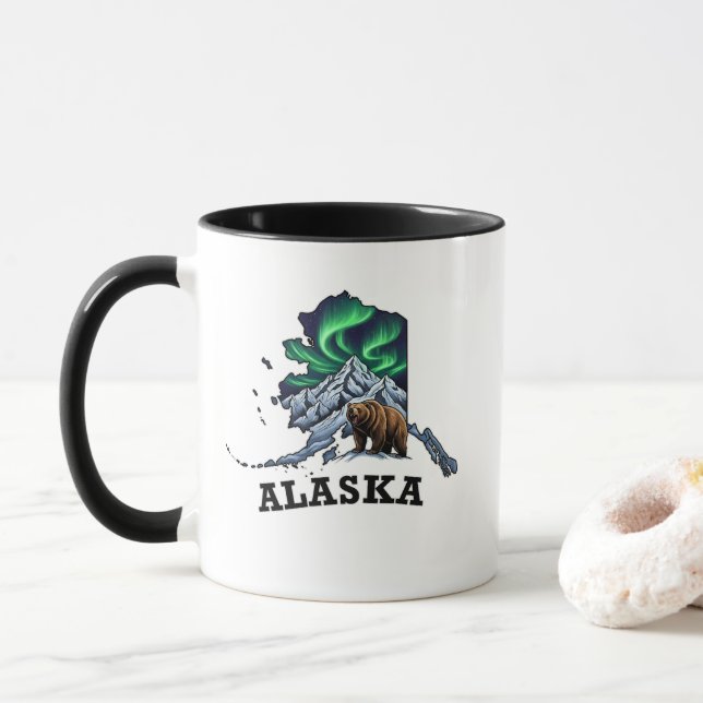 Alaska Staat Tattoo Style Northern Lights, Grizzy Tasse (Mit Donut)