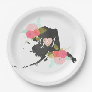 Alaska Staat Watercolor Floral Monogram Wedding Pappteller
