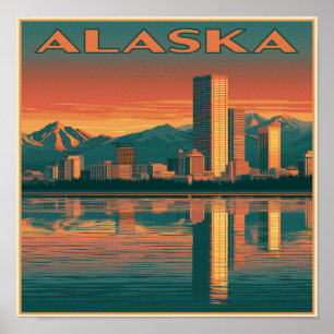 Alaska-Stadtlandschaft Sonnenuntergang Poster