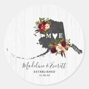 Alaska State Zielort Rustikale Monogramm-Hochzeit Runder Aufkleber