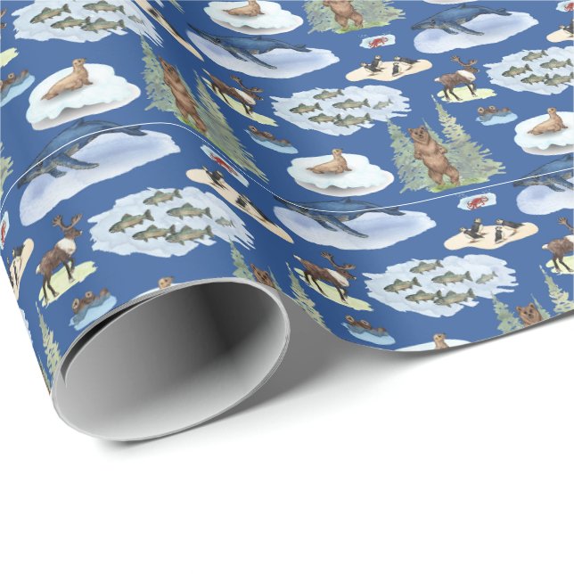 Alaska-Tier-Toile (auf Blau) Geschenkpapier (Rolleneckpunkt)