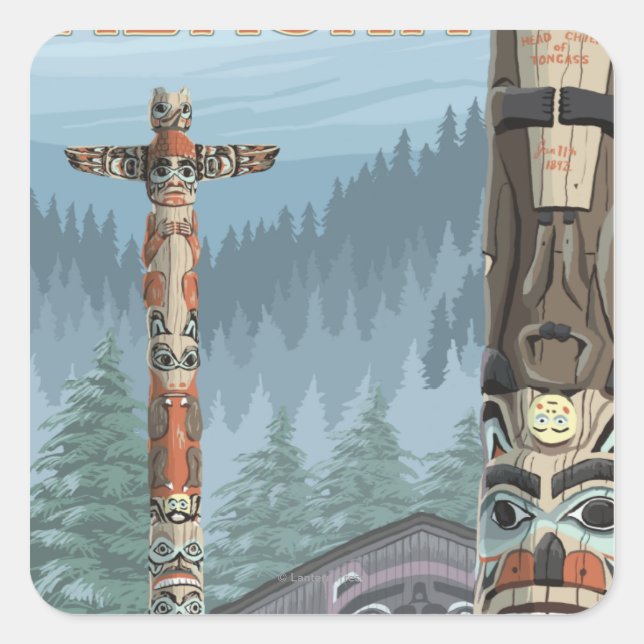 Alaska Totem Poles - Juneau, Alaska Quadratischer Aufkleber (Vorderseite)
